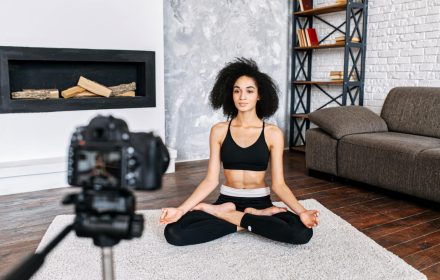 Young,Sporty,Slim,Mixed-race,Woman,Yoga,Coach,Records,Video,Online